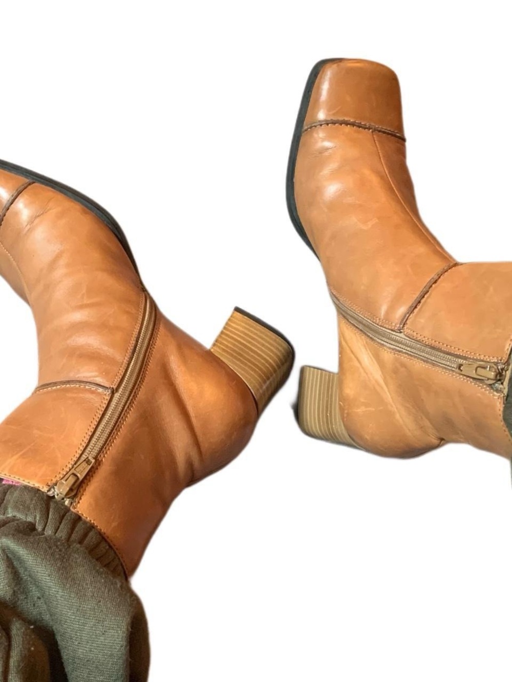 Tan Leather Block Heel Square Toe Ankle Boots